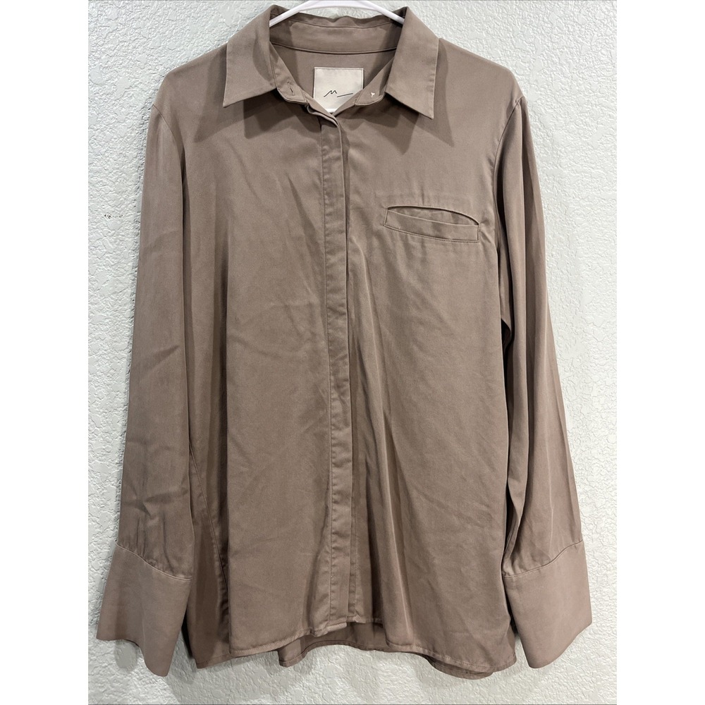 Moussy Taupe Brown Lyocell Long Sleeve Button Down Shirt Womens M/L Minimalist